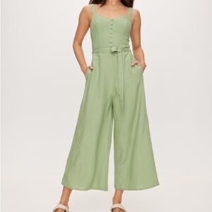 [M]Japna WMN Green Sleeveless Linen Blend Jumpsuit Ruched Wide Leg High Waist